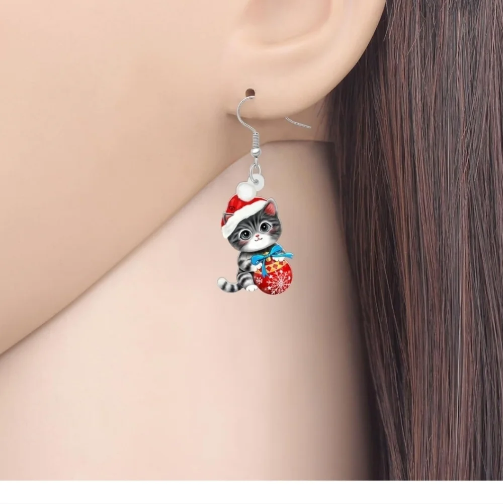 Festive Cat Earrings - Red and Gray